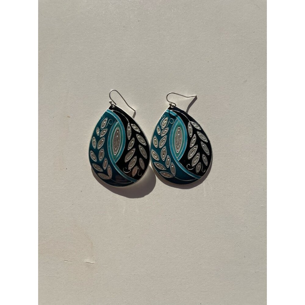 Vintage Women’s Leaf Shell Detail Earrings Dangle Drop Blue Silver Boho Western - Picture 5 of 8